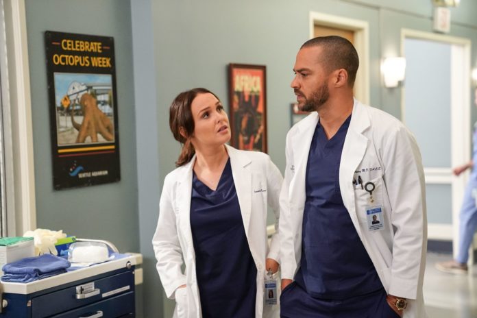 Camilla Luddington as Dr. Jo Karev and Jesse Williams as Dr. Jackson Avery in 