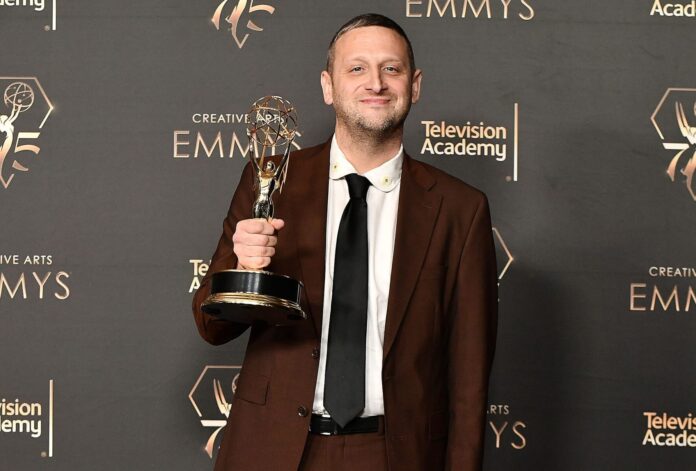 Tim Robinson poses with the award for Outstanding Actor in a Short Form Comedy or Drama Series at the 75th Creative Arts Emmy Awards in January 2024.