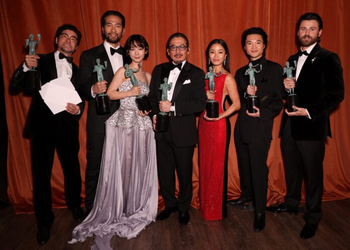 Tadanobu Asano, Shinnosuke Abe, Moeka Hoshi, Hiroyuki Sanada, Anna Sawai, Hiroto Kanai and Tommy Bastow from Shogun at the 31st Screen Actors Guild Awards in February 2025